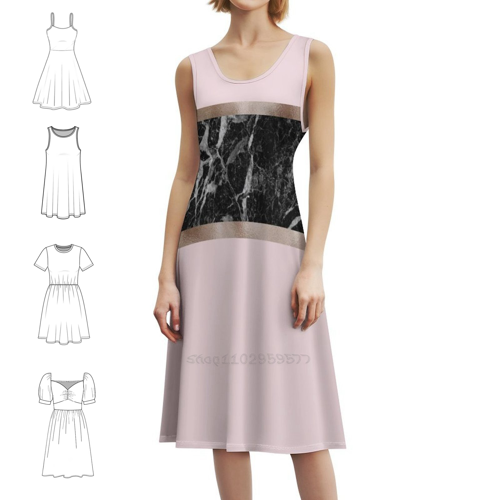 Women Fashion Gown - Клубника и кремово-черный мрамор и розовое