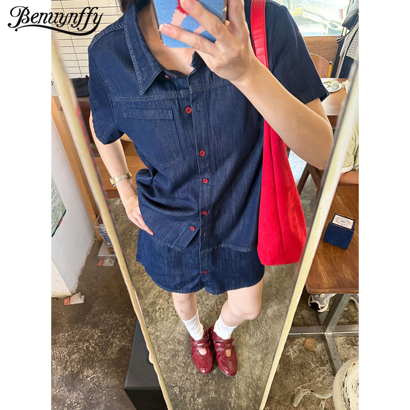 Women Fashion Jeans - Женская джинсовая рубашка Benuynffy в стиле