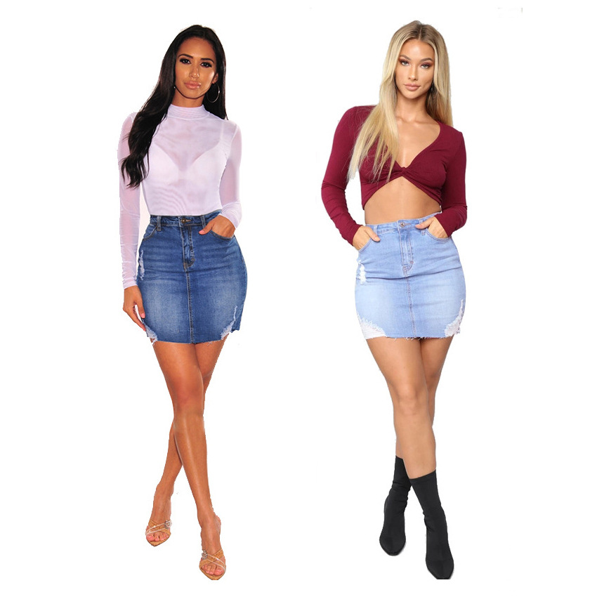 Women Fashion Jeans - Джинсовые мини-юбки с эффектом потертости для