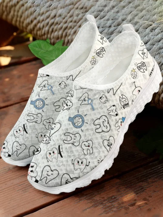 Women'S Fashion Tennis Shoes - Белые кроссовки с мультяшным принтом зубов,