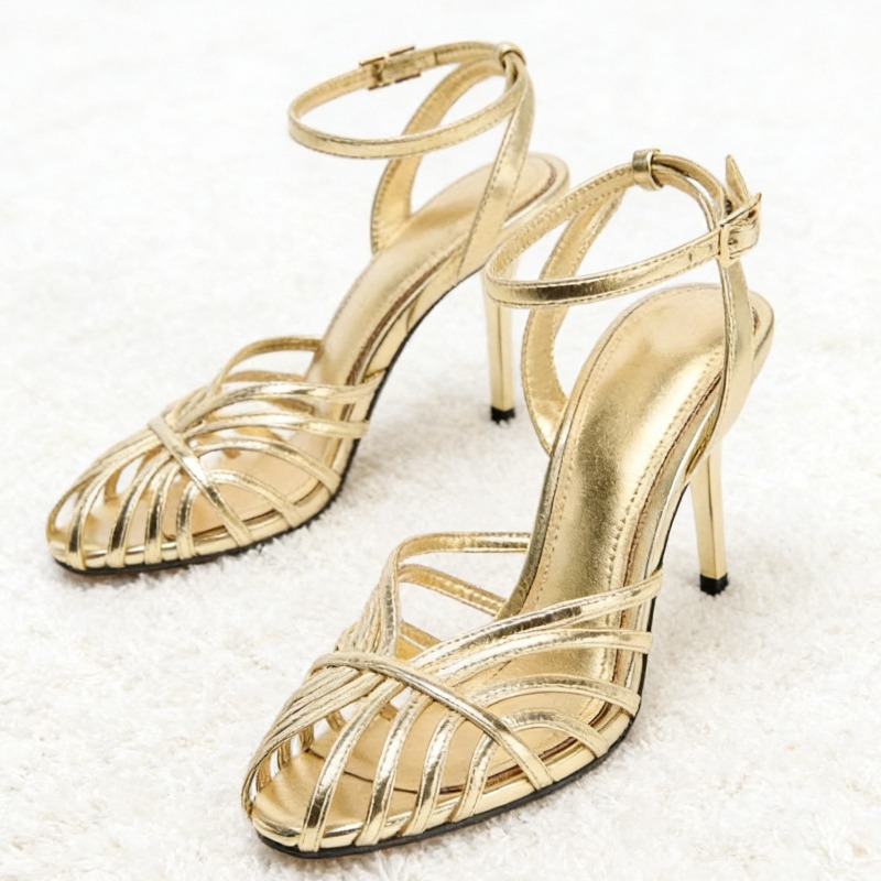 Spaghetti Strap Dress - Сексуальные золотые полые сандалии на высоком